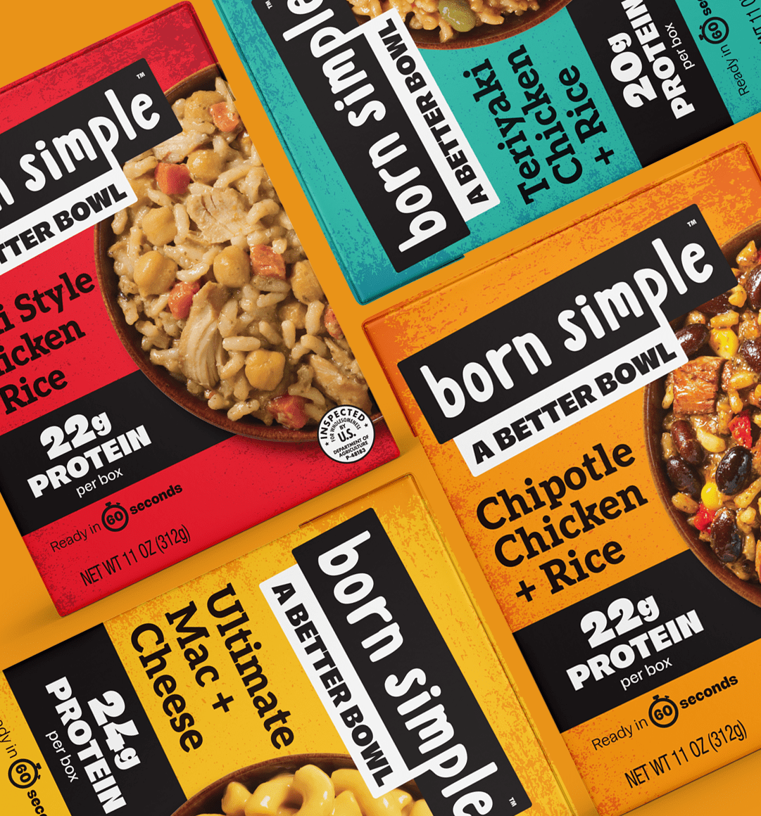 Colorful collage of Born Simple ready-to-eat meal boxes featuring Chipotle Chicken + Rice and other flavors in red, teal, orange, and yellow.