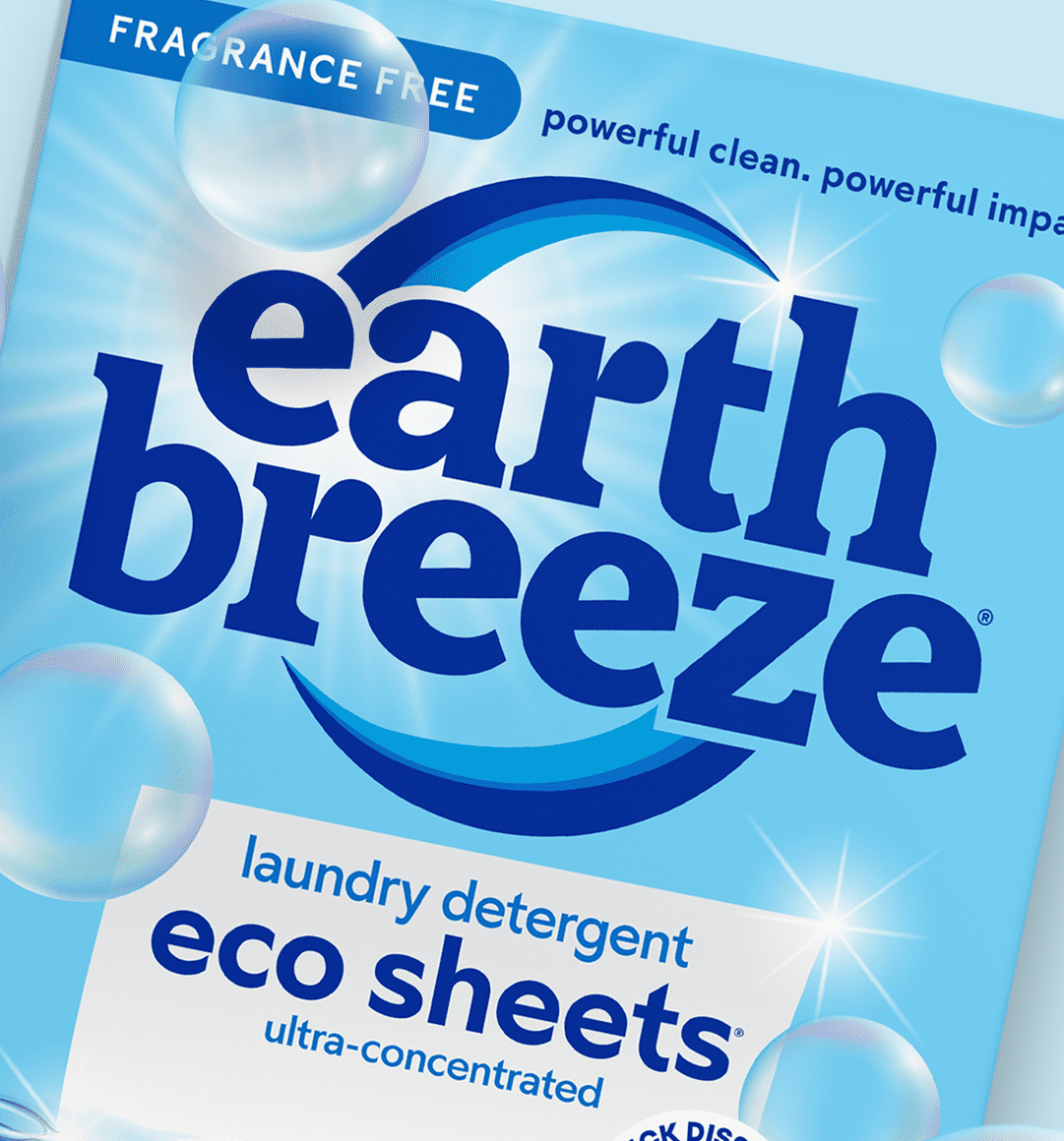 Earth Breeze eco sheets laundry detergent box in blue with bubbles and sunburst highlights