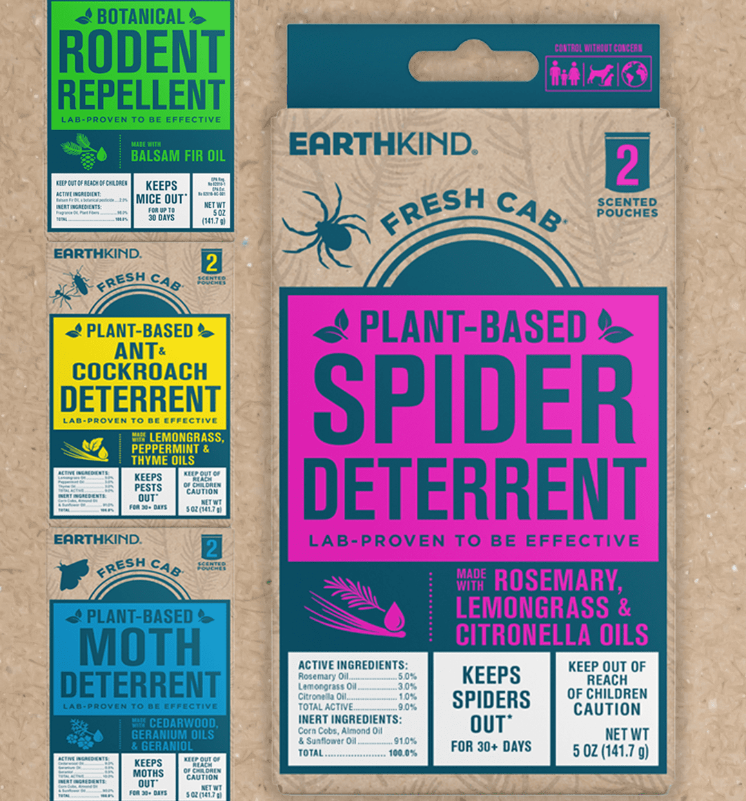 Packaging for EarthKind plant-based spider deterrent with bold pink panel reading SPIDER DETERRENT and 'Keeps spiders out' label (30+ days).