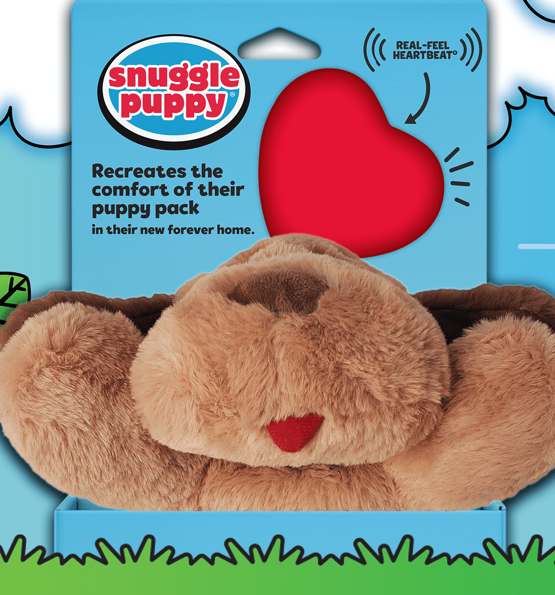 Soft brown plush puppy in a blue Snuggle Puppy box with a red heart-shaped cutout on the packaging, conveying comfort and coziness.