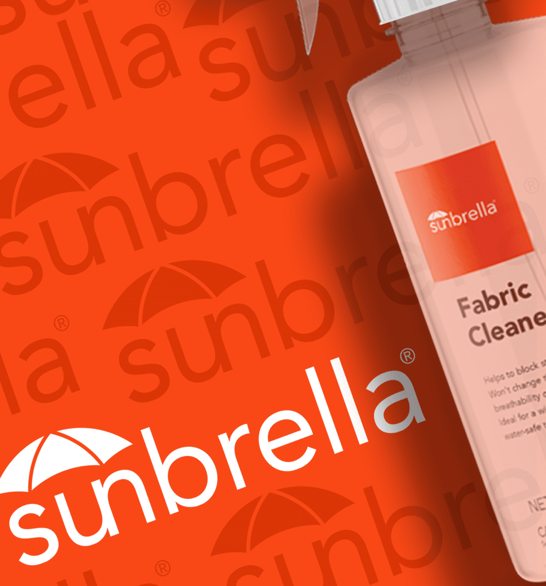 Bright orange background with the Sunbrella logo and a tilted bottle labeled Fabric Cleaner.