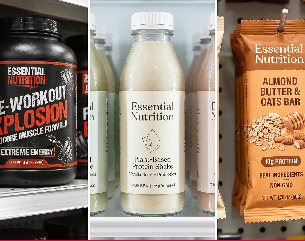 Three fitness nutrition products on a store shelf: left a black tub labeled 'Pre-Workout Explosion'; center a bottle reading 'Essential Nutrition Plant-Based Protein Shake'; right an almond butter & oats bar package.