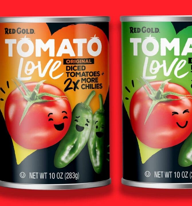 Red Gold canned tomato packaging redesigned by SmashBrand. The CPG packaging design agency drove a 2× sales lift in three months through brand positioning and packaging.