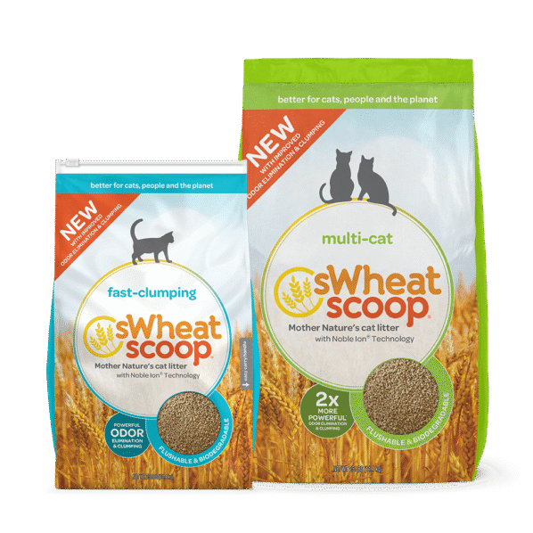 sWheat Scoop Packaging Design Case Study: New design for fast-clumping and multi-cat cat litter product.