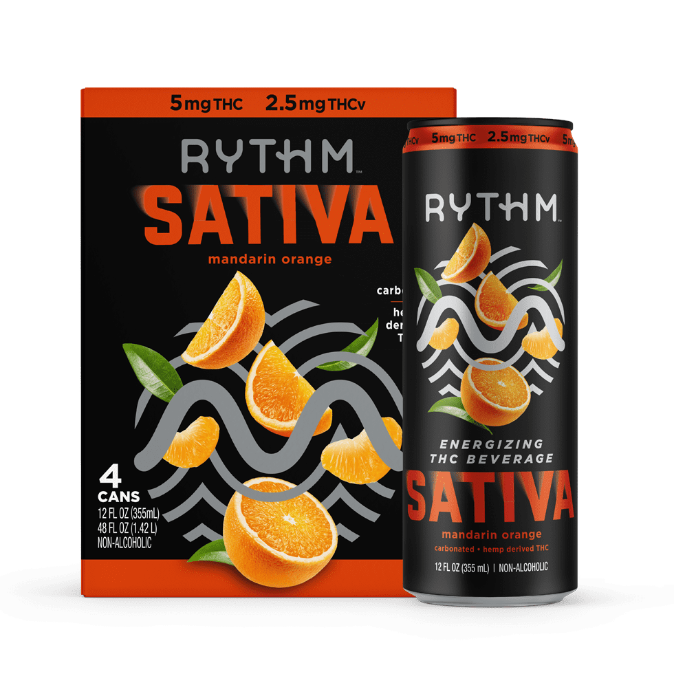 An image of the Rythm Sativa Mandarin Orange drink. A 4-pack and a single can.