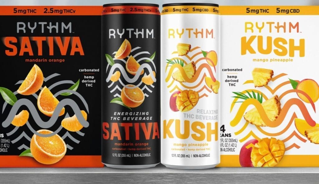 An image of Rythm cannabis drink packaging options, including standalone cans and 4-packs.