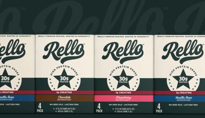 Rello better-for-you protein packaging designed by SmashBrand, the packaging design firm behind the brand's premium shelf presence launch.