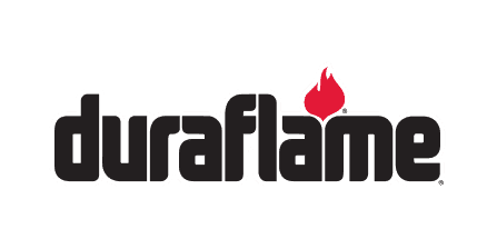 Duraflame logo: bold black wordmark with a white outline and a red flame over the letter 