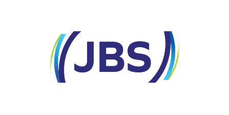 JBS logo with blue text and blue-green curved brackets on a green background