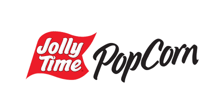 Brand logo for Jolly Time PopCon popcorn, featuring a red banner with 