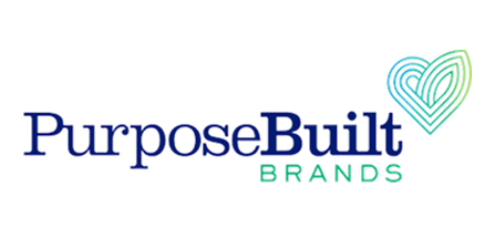 PurposeBuilt Brands logo with blue text and a teal intertwined heart icon to the right.