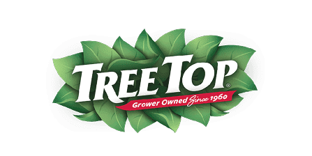 Tree Top logo with green leafy background and a red ribbon reading 