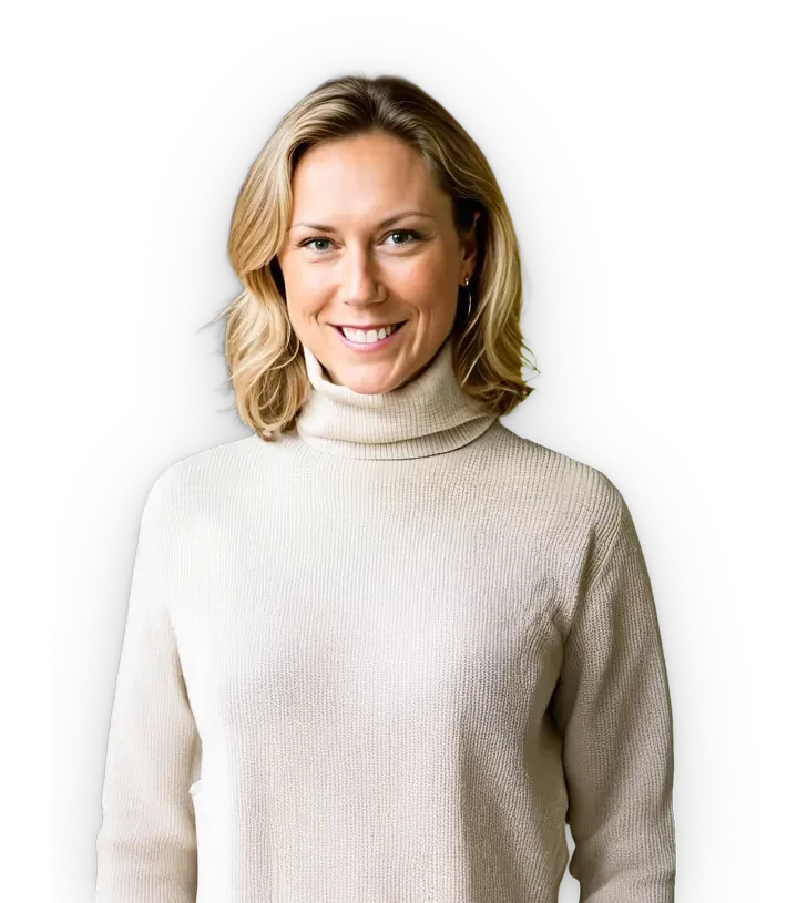 Smiling blonde woman in a cream turtleneck sweater, posed for a portrait against a neutral background.