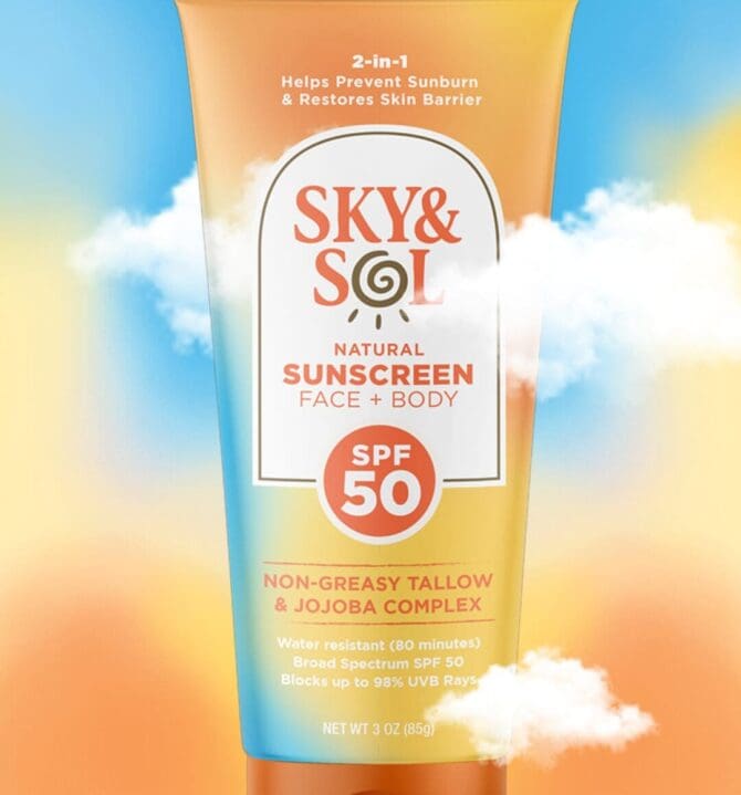 Sky & Sol SPF 50 sunscreen packaging designed by SmashBrand, the branding and packaging design agency behind a 15-point purchase intent lift.