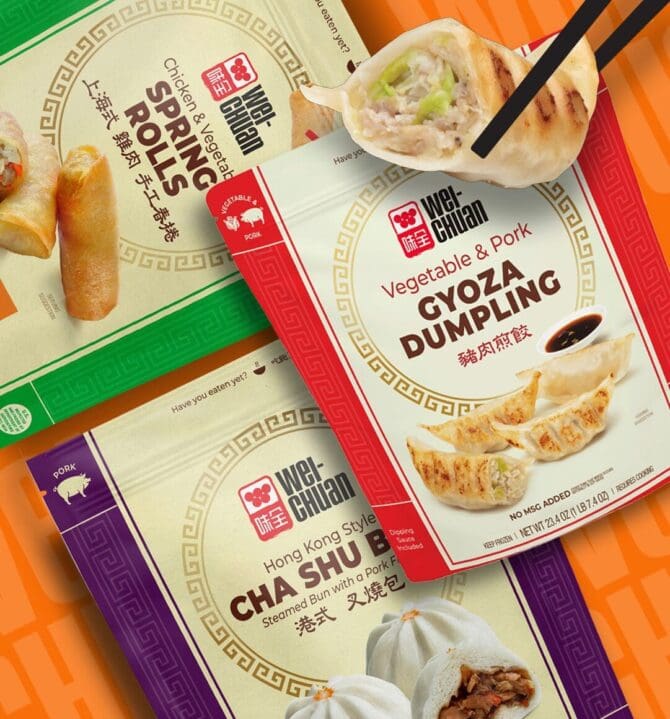 Wei-Chuan frozen Asian foods packaging redesigned by SmashBrand, the product packaging design company behind the brand's mainstream grocer expansion.