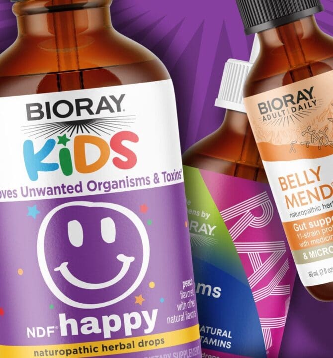 BIORAY Kids herbal drops packaging by SmashBrand. The CPG packaging design agency delivered 38% distribution growth and #1 category velocity at Sprouts.