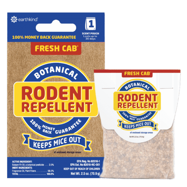 Box and pouch packaging for Fresh Cab botanical rodent repellent; keeps mice out of enclosed storage areas.
