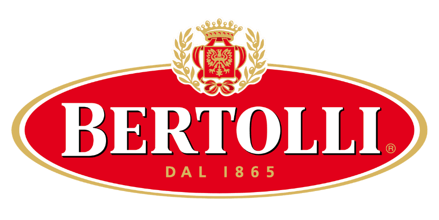 Bertolli logo: red oval with gold border, white 'BERTOLLI' text and 'DAL 1865' beneath, crest above.