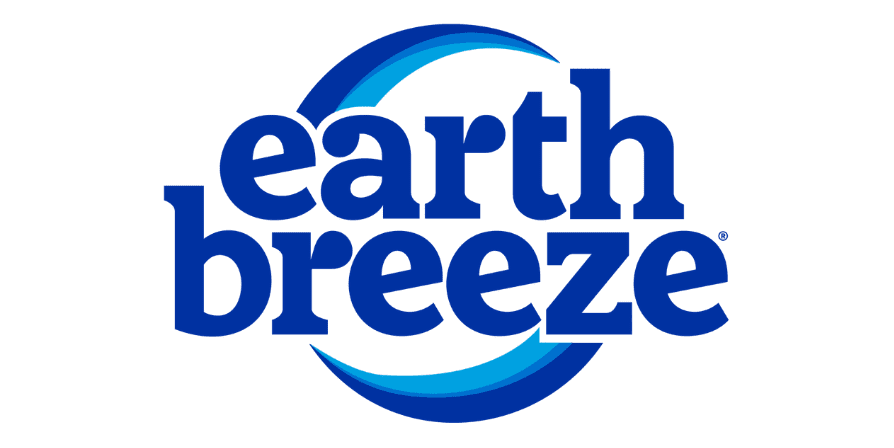 Earth Breeze logo with bold blue text and a curved blue swoosh above and below the wordmark.