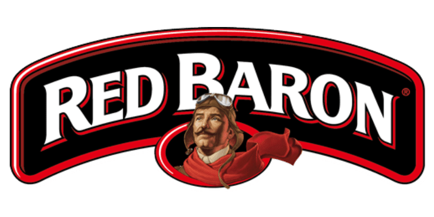 Red Baron brand logo with stylized white text on a black and red curved banner and a pilot portrait in the center above a red scarf gesture.