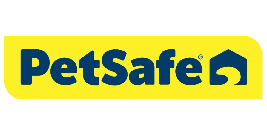 PetSafe brand logo in blue text with a blue house icon on a yellow rounded-rectangle background.